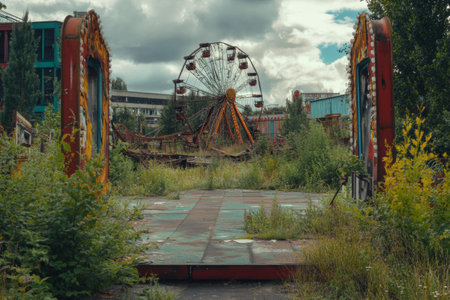 An abandoned amusement park reveals rusting rides and dense vegetation enveloping the site. The eerie atmosphere hints at forgotten joy, with a ferris wheel looming in the distance.の素材