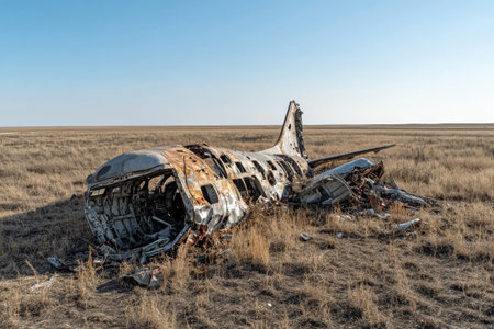 In a barren field, the remnants of a destroyed airplane lie scattered among dry grass. The sunlight casts shadows over the rusted metal, revealing the impact of abandonment.の素材