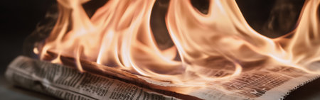 Flames engulf a newspaper, curling the edges and creating a dramatic visual effect. The intense heat and light contrast against the dark background, evoking strong emotions.の素材