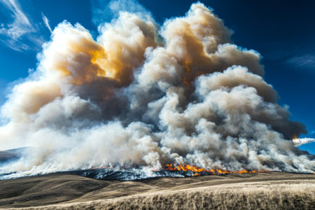 A wildfire ravages a dry hillside, sending thick clouds of smoke into the blue sky. Flames rage visibly across the landscape as the fire spreads, highlighting the severity of the situation.の素材