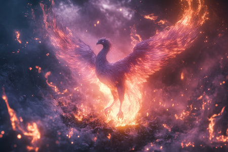 A mystical phoenix emerges gracefully from glowing ashes, surrounded by vibrant, ethereal flames that light up the dark background. Its wings spread wide, symbolizing rebirth and renewal.の素材
