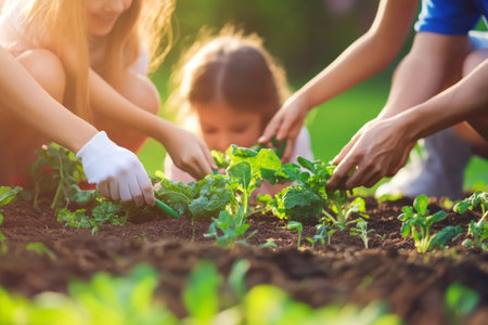A family works together in their backyard, planting a vegetable garden under warm spring sunlight. The children eagerly help with their parents, nurturing the plants with care.の素材