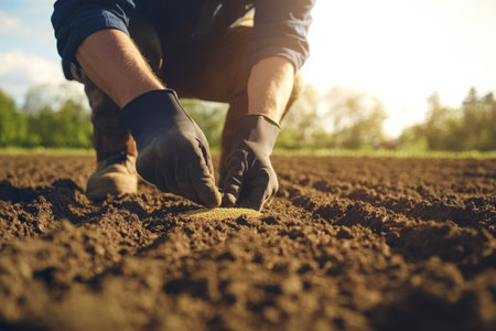 A farmer kneels in a freshly plowed field to plant seeds as the warm spring sunlight illuminates the landscape, showing the care and dedication involved in farming.の素材