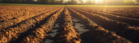 A farmer is actively sowing seeds in a freshly plowed field, taking advantage of the warm sunlight of spring. The soil is rich and ready for new growth, reflecting the promise of a harvest.の素材