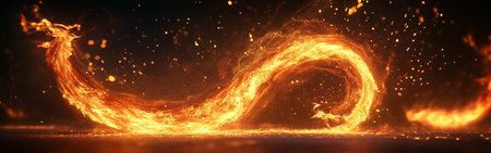During a night performance, a skilled fire dancer swirls bright flames, creating vivid, dynamic patterns in the air as sparks cascade around, captivating the audience.の素材