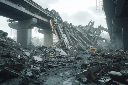 Towering debris fills a once-bustling futuristic city, where bridges have crumbled and streets are lined with wreckage. The atmosphere is filled with desolation and silence.の素材