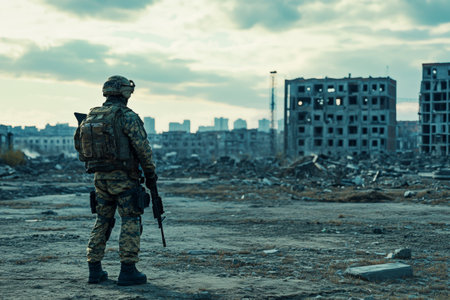 A futuristic soldier stands vigilant, scanning the remnants of a desolate urban battlefield. Crumbling structures and debris reflect the aftermath of conflict as the soldier prepares for any threats.の素材