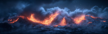Lava flows brightly against the night sky, creating a dramatic display of orange and red hues. Thick smoke rises as the intense heat transforms the surrounding area into a fiery spectacle.の素材