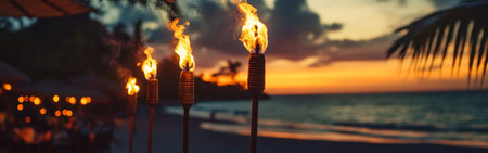 A tropical beach party comes alive as glowing tiki torches light the sandy shore at sunset. The sky displays vibrant colors while gentle waves lap the beach.の素材