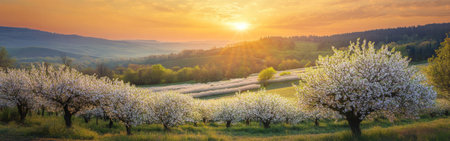 Blossoming fruit orchards stretch across a tranquil rural landscape, bathed in golden hour light as the sun sets behind rolling hills, creating a peaceful ambiance.の素材
