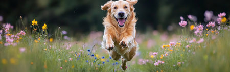 A golden retriever is running joyfully through a colorful field of blooming wildflowers, showing its happiness and playful spirit in the bright sunlight of a clear day.の素材