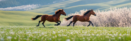 Two majestic horses gallop freely through a lush green pasture, their manes flowing in the wind. Blooming hills provide a picturesque backdrop in a serene natural landscape.の素材