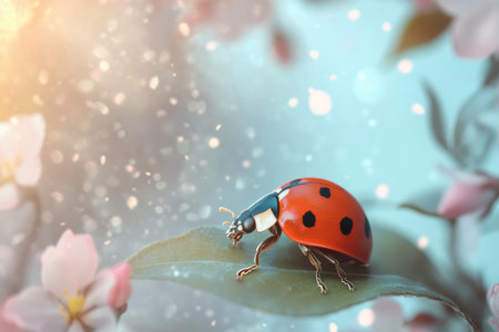 A tiny ladybug explores a lush green leaf while beautiful spring flowers bloom in the background, showing nature's colors in stunning detail during the spring season.の素材
