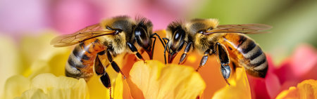 Two bees actively collect nectar from colorful spring flowers, showing their essential role in pollination amidst a bright, lively landscape.の素材