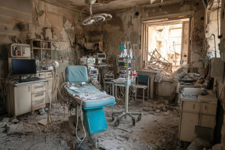 In a devastated structure, a makeshift medical clinic contains improvised equipment amid debris. Essential care occurs in this urgent and challenging environment.の素材