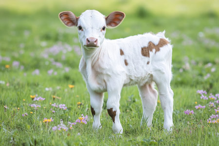 A joyful newborn calf stands in a lush green field filled with colorful wildflowers, embodying the spirit of spring renewal and new beginnings.の素材