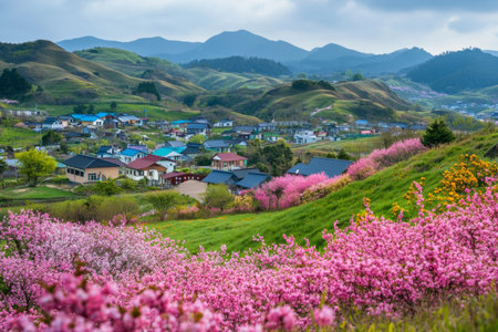 A peaceful village lies surrounded by lush green hills adorned with vibrant blooming flowers. The colorful homes create a picturesque scene under a cloudy sky, perfect for a tranquil escape.の素材