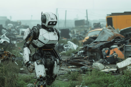 A robotic scavenger meticulously roams through a vast, desolate junkyard filled with rusted vehicles and debris. The atmosphere is heavy and grave, reflecting a post-apocalyptic world.の素材