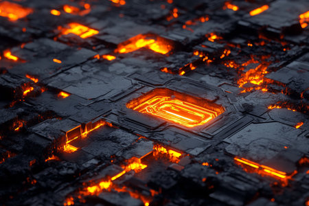 Remnants of a vast mega-city lie in ruins, illuminated by the glow of advanced technology.の素材