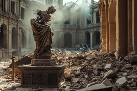 A broken statue stands in a crumbling public square, surrounded by debris and dust. The remnants of a once grand structure hint at past beauty now lost to decay.の素材