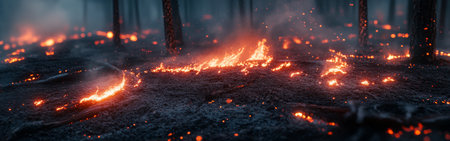Charred remains of a forest reveal glowing embers and ash, capturing the aftermath of a recent fire under a dim sky. The scene illustrates the destruction and resilience of nature.の素材