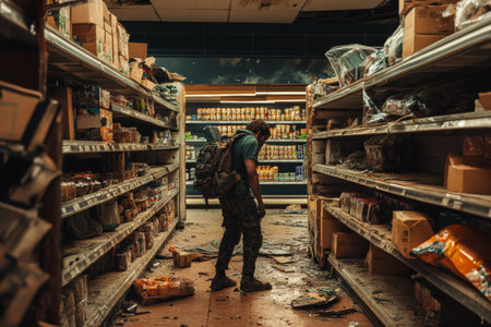 A survivor carefully searches an abandoned supermarket, navigating broken shelves cluttered with remnants of food and supplies, highlighting the struggle for survival in a desolate environment.の素材