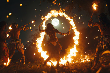 Under the full moon, performers engage in a tribal fire dance illuminated by glowing torches. The atmosphere is filled with energy and cultural expression, showing traditional movements.の素材