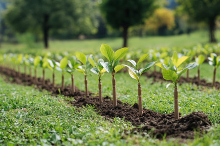 Rows of young saplings with vibrant green leaves thrive in a lush green field under favorable sunlight, showing the beauty of new life in nature's ecosystem.の素材