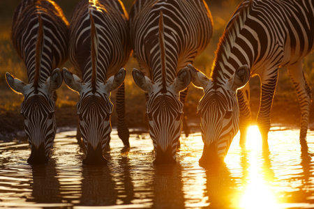 A group of zebras enjoys a serene morning at a watering hole, quenching their thirst as the sun rises, casting a warm golden glow on the water. Nature's beauty unfolds.の素材