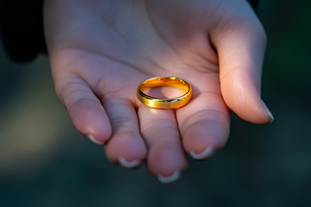 Two hands embrace a shimmering golden wedding ring, illuminated by soft natural light, symbolizing love, unity, and the promise of forever in a peaceful setting.の素材