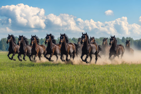 A herd of wild horses runs powerfully through an expansive green field, their powerful hooves kicking up dust as they race across the landscape under a clear sky.の素材