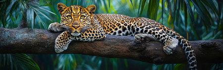 A majestic leopard lies calmly across a sturdy tree branch in a lush jungle, its piercing golden eyes focused intently on the environment, conveying both elegance and bravery.の素材