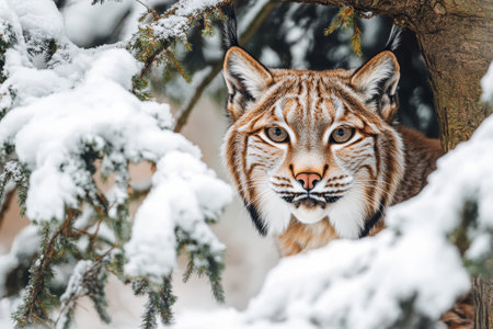 A lynx emerges from behind a snow-covered tree, fixing its piercing gaze towards the camera. The winter landscape is adorned with white snow, enhancing the lynx's striking appearance.の素材