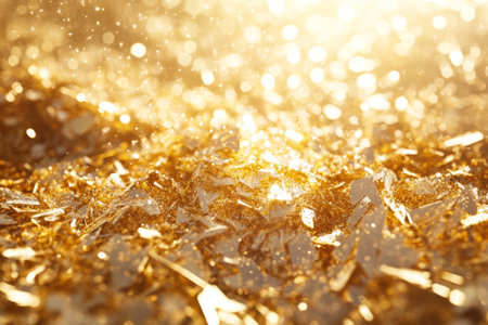 A close-up view captures gold flakes reflecting sunlight, producing a dazzling shimmer effect. Shimmering particles and vibrant colors create a captivating visual experience.の素材