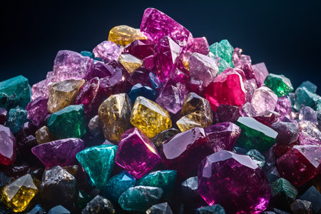 A stunning collection of gemstones boasts vivid colors of deep red rubies, lush green emeralds, and bright blue sapphires showcased in clarity against a dark backdrop.の素材