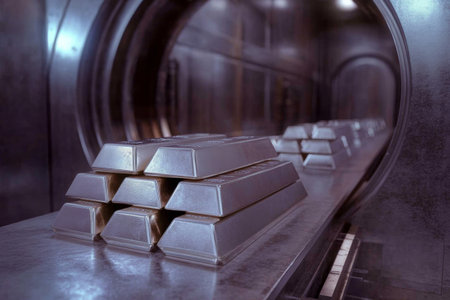 Neatly arranged platinum bars reflect soft light in a secure vault. The high-security environment showcases superior craftsmanship and wealth accumulation, emphasizing luxury and safety.の素材