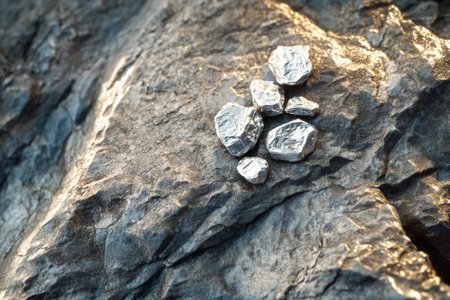 Clusters of raw silver nuggets sit atop a rough, textured stone surface, showing their natural brilliance. The interplay of light and shadow enhances their unique shapes and contours.の素材