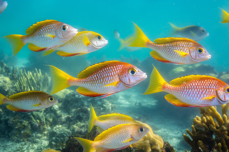 A school of tropical fish displays stunning colors while swimming close to a coral reef. The crystal-clear blue water enhances the vibrant hues of the fish and coral.の素材