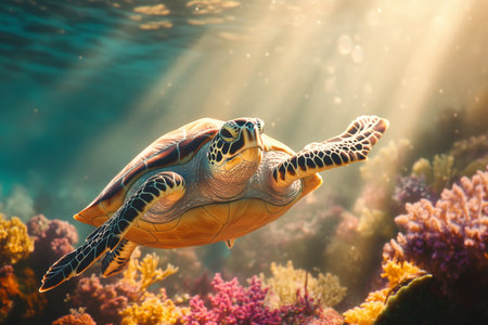 A sea turtle swims serenely near a vibrant coral reef, with rays of sunlight penetrating the crystal-clear water, illuminating the underwater life and colorful corals.の素材