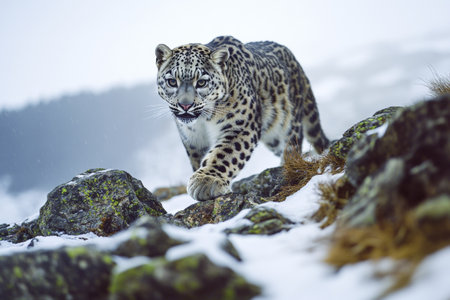 Snow leopard moves quietly across a jagged, rocky ridge covered in snow. The animal exhibits its natural grace against a backdrop of a chilly mountainous landscape.の素材
