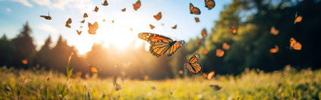 A swarm of monarch butterflies fills the bright sky above a sunlit meadow, showcasing their orange and black wings as they flutter gracefully among the lush grass.の素材
