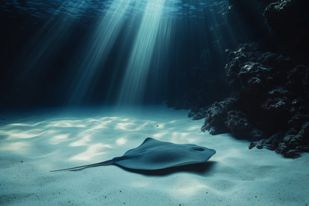 A stingray glides gracefully over a sandy ocean floor, catching glimmers of sunlight filtering through the water's surface, showing the tranquility of its habitat.の素材