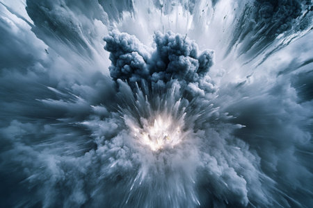 The powerful ignition moment of a nuclear explosion is vividly captured, showing swirling clouds of dust and smoke as energy rapidly disperses in all directions.の素材