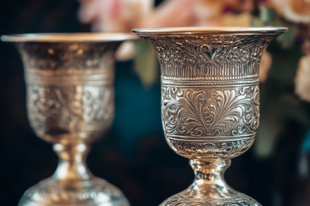 Intricately designed vintage silver candlesticks stand elegantly on a dark table, capturing the essence of timeless beauty and craftsmanship in soft natural light.の素材