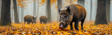 In a fog-covered autumn forest, a wild boar searches for food among vibrant golden leaves. Other boars wander in the background, enhancing the tranquil atmosphere.の素材