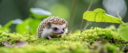 A small hedgehog ventures across lush, green moss scattered on the forest floor, surrounded by delicate foliage. The bright environment invites curiosity as sunlight filters through leaves.の素材