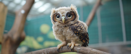 A baby owl sits quietly on a branch, its large, curious eyes fixed on its surroundings. The soft feathers and playful demeanor create an enchanting moment in a serene forested area at dusk.の素材