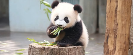 A cute baby panda sits on a tree stump, happily munching on fresh bamboo. The adorable creature exhibits playful behavior in a lush environment, showing its natural eating habits.の素材