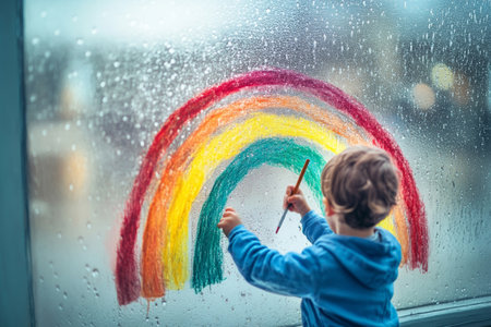 A child joyfully paints a colorful rainbow on a fogged window while rain pours outside. This creative activity symbolizes hope and positivity on a dreary day.の素材