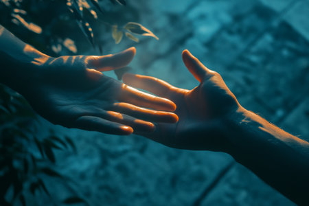 A hand extends for help while another hand grasps it firmly, symbolizing support and connection in a tranquil setting filled with soft light.の素材